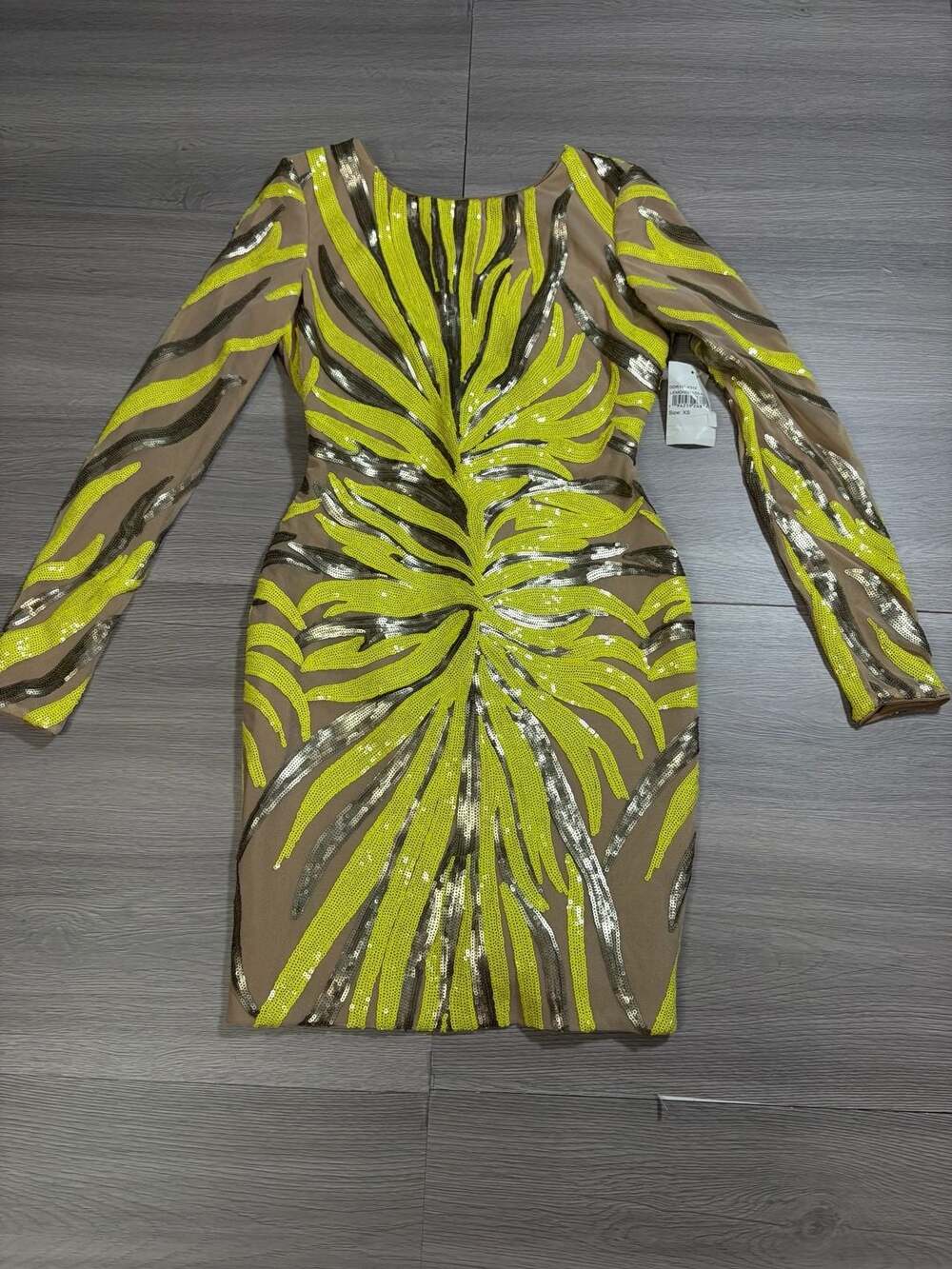 Dress The Population Lola Long Sleeve Sequin Mini Dress Size XS Lemon Nude